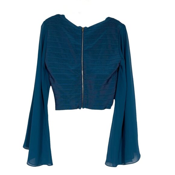 Bebe Top Blouse Bell Sleeve Crop Teal Blue V-Neck Retro Medium - Picture 3 of 8